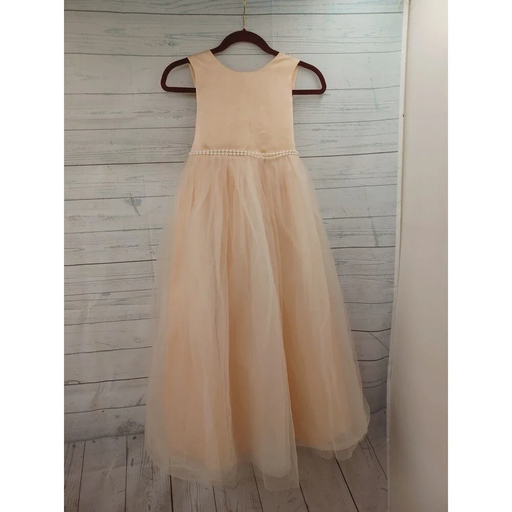 Lavetir Champagne Girl  Formal Dress Size 10 Tulle Faux Pearl Sleeveless